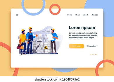 Engineers team discussing issues at construction site flat vector illustration. Foreman looking at construction project plan. Building and engineering concept. Machinery and crane on background