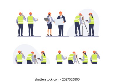 Equipo de ingenieros con equipo en el sitio de construcción. Ilustración vectorial.