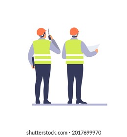 Equipo de ingenieros en cascos protectores y ropa de seguridad discutiendo proyecto de construcción. Ilustración vectorial.