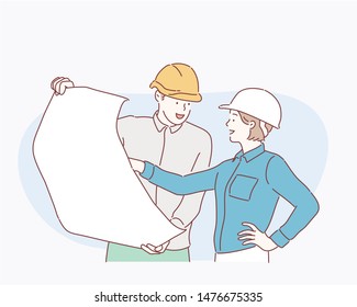 Engineers team watching and checking details on a construction site. Hand drawn style vector design illustrations.