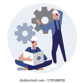 El equipo de ingenieros observa y revisa los detalles de la construcción de ingeniería. Simple ilustración de concepto plano.