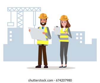 Engineers  team watching and checking details on a construction site. flat character design. vector illustration