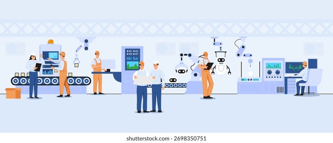Engenheiros e técnicos colaboram com armas e máquinas robóticas em um ambiente de fábrica inteligente, estilo plano, em um fundo leve. Conceito de automação. Ilustração vetorial