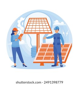 Engineers and technicians are installing solar panels. Sustainable development to produce electrical energy. Solar energy panels concept. Flat vector illustration.