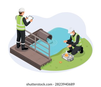 Engineers testing water quality by a river in isometric style Vector, illustration
