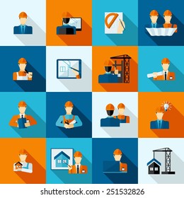 Engineers with tools drafts and equipment icons flat set isolated vector illustration