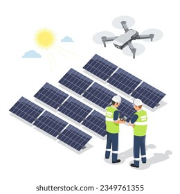 engineers use uav drone fly to inspect Solar Panels at Power Plant inspection concept isometric  isolated illustration cartoon vector