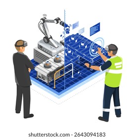 Engineers using digital twin technology and virtual interfaces to design and enhance manufacturing efficiency in a smart industrial production system