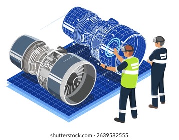 Engineers using virtual reality to interact with a digital twin of a jet engine for advanced diagnostics and predictive maintenance in industrial settings