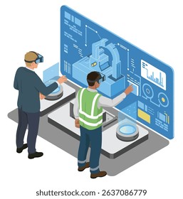 Engineers utilizing virtual reality headsets interacting with digital blueprints for industry automation and technological advancements
