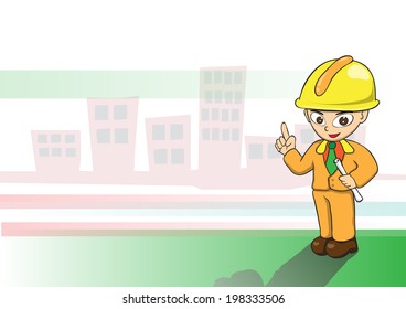 Engineers vector cartoon on building background