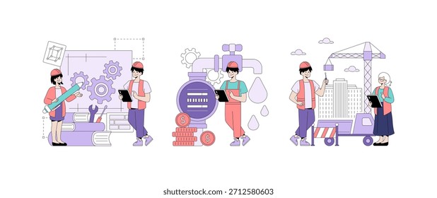 Os engenheiros que usam capacetes colaboram nas tarefas de design, finanças e construção. A ilustração vetorial mostra trabalho em equipe e planejamento em engenharia, enfatizando a coordenação e a solução de problemas.