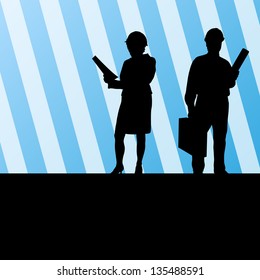 Engineers woman and man in helmets vector background