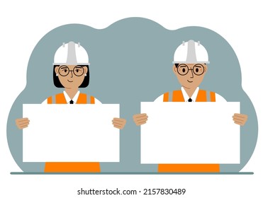 Engineers woman and man holding blank paper. Concept of builder, engineer, planner or designer. Vector flat illustration.