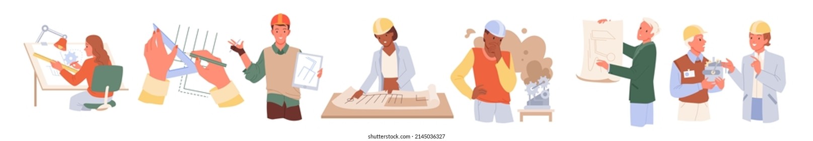 Engineers work with construction projects and equipment set vector illustration. Cartoon architect drawing blueprint, professional expertise of employees in helmets isolated on white. Job concept