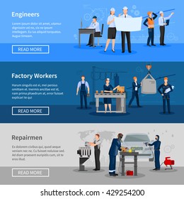 Engineers at work factory workers in workshop and repairmen in car service flat horizontal banners vector illustration