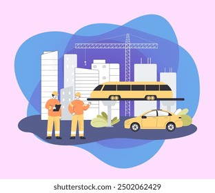 Los ingenieros trabajan en la construcción del ferrocarril. Paisaje urbano con personas y transporte en puente en Ilustración vectorial plana de infraestructura de la ciudad. Ingeniería civil y transporte, concepto de mantenimiento