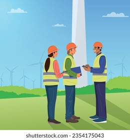 Engineers and worker discussing the maintenance schedule for the wind turbines.