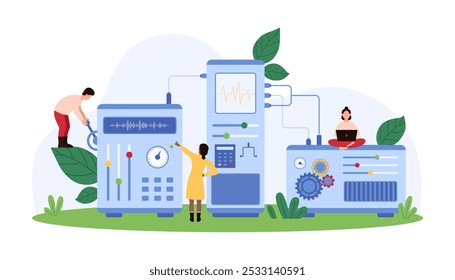 Engenheiros que trabalham com equipamentos de áudio avançados. Um ajusta um botão, outro verifica as configurações e um terceiro usa um laptop. Vários controles e monitores são exibidos com ilustração vetorial.