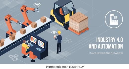 Engineers Working In A Factory And Monitoring Robots Using HMI Interfaces: Industry 4.0 And Automation Concept