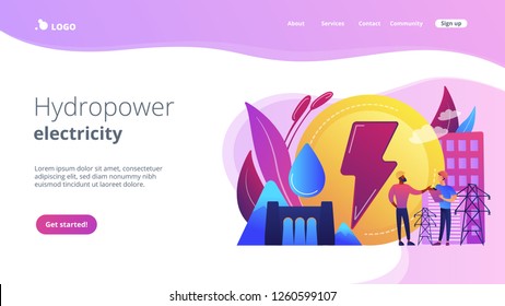 Engineers working at hydropower dam producing falling water energy. Hydropower electricity, water power, renewable sources concept. Website vibrant violet landing web page template.