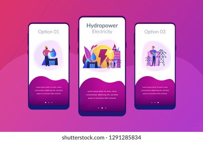 Engineers working at hydropower dam producing falling water energy. Hydropower electricity, water power, renewable sources concept. Mobile UI UX GUI template, app interface wireframe