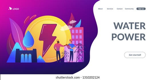 Engineers working at hydropower dam producing falling water energy. Hydropower electricity, water power, renewable sources concept. Website vibrant violet landing web page template.