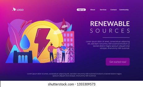 Engineers working at hydropower dam producing falling water energy. Hydropower electricity, water power, renewable sources concept. Website vibrant violet landing web page template.