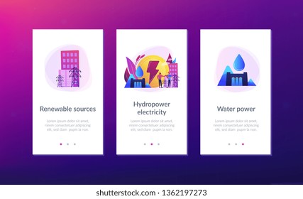 Ingenieure, die in Wasserkraftwerken arbeiten und Wasserkraft erzeugen. Wasserkraft, Wasserkraft, Konzept der erneuerbaren Energiequellen. Benutzeroberflächen-UX-Vorlage für mobile Benutzeroberfläche, Wireframe für App