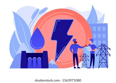 Engineers working at hydropower dam producing falling water energy. Hydropower electricity, water power, renewable sources concept. Pinkish coral bluevector isolated illustration