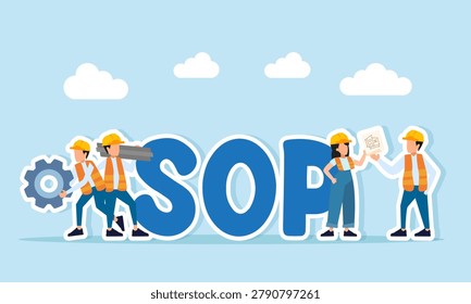 Engineers Working Near SOP Text Illustration of Standard Operational Procedure Definition