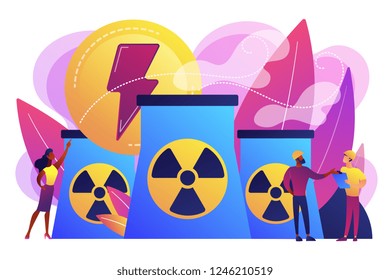 Engineers working at nuclear power plant reactors releasing energy. Nuclear energy, nuclear power plant, sustainable energy source concept. Bright vibrant violet vector isolated illustration