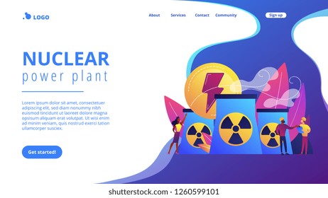 Engineers working at nuclear power plant reactors releasing energy. Nuclear energy, nuclear power plant, sustainable energy source concept. Website vibrant violet landing web page template.