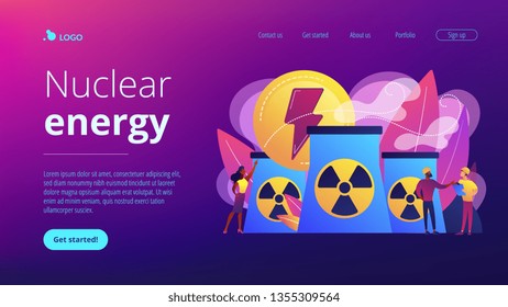 Engineers working at nuclear power plant reactors releasing energy. Nuclear energy, nuclear power plant, sustainable energy source concept. Website vibrant violet landing web page template.