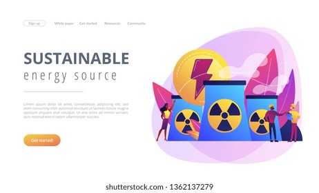 Engineers working at nuclear power plant reactors releasing energy. Nuclear energy, nuclear power plant, sustainable energy source concept. Website vibrant violet landing web page template.