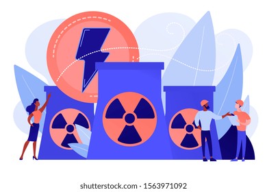 Engineers working at nuclear power plant reactors releasing energy. Nuclear energy, nuclear power plant, sustainable energy source concept. Pinkish coral bluevector isolated illustration