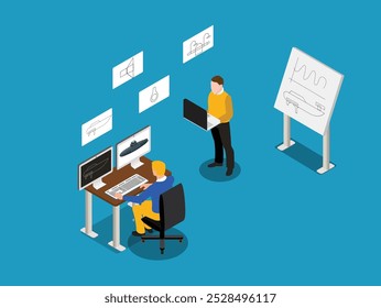 Engineers Working on 3D Design and Technical Blueprint in CAD Software 3d isometric vector illustration - Powered by Shutterstock - Get 15% off with code: PIKWIZARD15