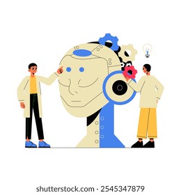 Engineers Working On AI Robot Head In Flat Vector Illustration Symbolizing Artificial Intelligence Development And Human Interaction, Isolated On White Background.