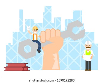 Engineers are working on city background, Hand holding a wrench