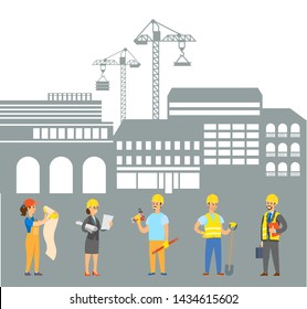 Engineers working on construction of new apartments vector, man and woman, handyman with tools and instruments, lady with plans and schemes flat style