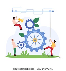 Engineers working together to assemble large gears. One engineer uses a megaphone to coordinate efforts, others adjust and install various gear parts vector illustration.