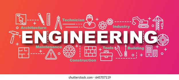 enginerring vector trendy banner design concept, modern style with thin line art icons on gradient colors background
