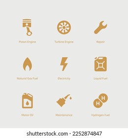 Motores y mantenimiento. Nueve iconos vectoriales