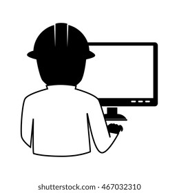 enginner helmet construction search man front computer screen business male adult vector graphic isolated and flat illustration