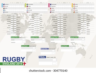 England 2015, Rugby 2015 with background, Match Schedule, all matches, time and place. Country Flags. Size A2.