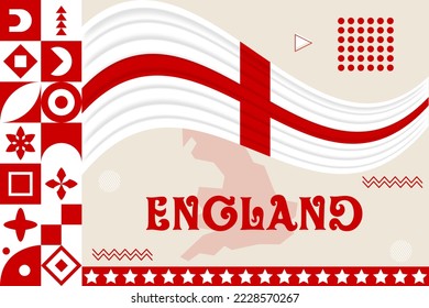 England banner with cultural design. Independence day design for England celebration. Modern neo geometric retro design with flag, map and abstract icons. Red and White. Vector Illustration