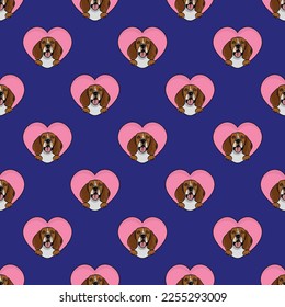 England, Beagle dog with paws pattern, Valentine's day heart wallpaper. Love heart with pet head holiday texture. Dog face Holding Heart Cartoon square background. St Valentine's day present paper.