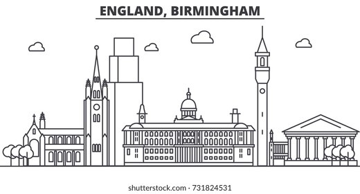 England, Birmingham architecture line skyline illustration. Linear vector cityscape with famous landmarks, city sights, design icons. Landscape wtih editable strokes