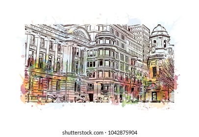 England, Birmingham. City skyline: architecture, buildings, streets, landscape, panorama, landmarks. Watercolor splash with Hand drawn sketch illustration in vector.