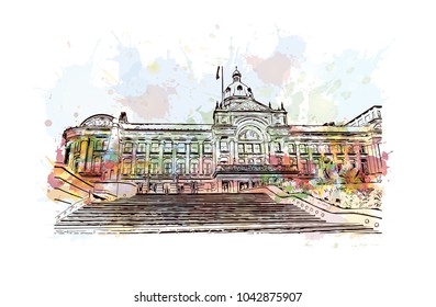 England, Birmingham. City skyline: architecture, buildings, streets, landscape, panorama, landmarks. Watercolor splash with Hand drawn sketch illustration in vector.